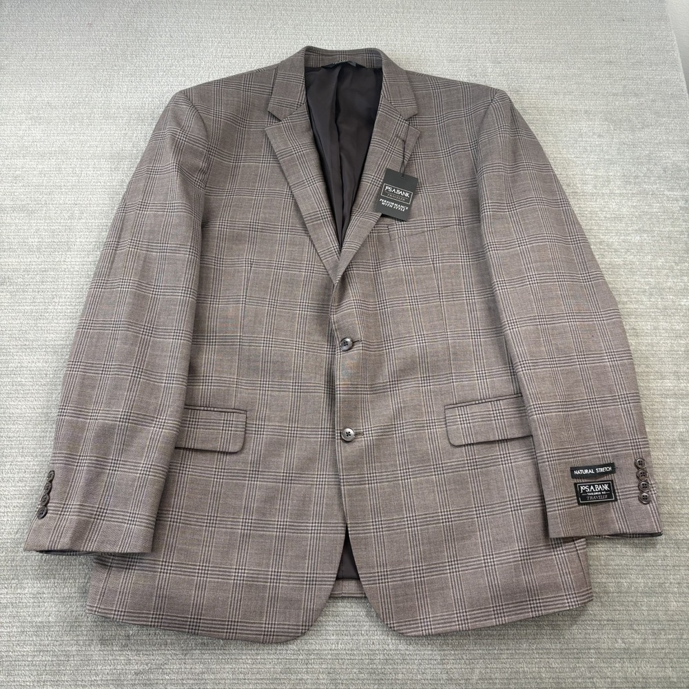 Jos A Bank Blazer Mens Traveler Jacket 46L 2 Button Brown Plaid 100% Wool